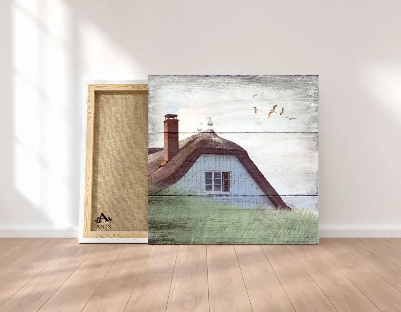 Maritimes Leinwandbild Fischerhütte auf dem Darß im rustikalen Shabby Chic Landhausstil