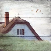 Maritimes Wandbild Fischerhütte auf dem Darß im rustikalen Shabby Chic Landhausstil