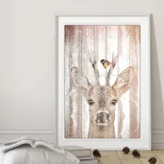 Wandbild Waldtiere - Hirsch mit Schmetterling im Shabby Landhausstil als Kunstdruck Poster