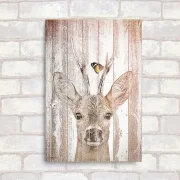 Wandbild Waldtiere - Hirsch mit Schmetterling im Shabby Landhausstil als Leinwandbild