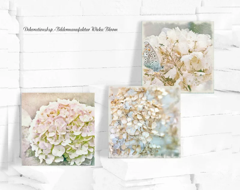 Hortensien - Blumen, Wandbilder Triptychon, auf Holz im Shabby Chic Landhausstil