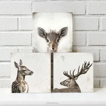 Hirsch und Reh, Wandbilder Waldtiere, Set im Shabby Chic, Landhausstil