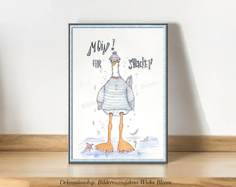 MOIN! IHR SPACKEN! Maritimes Wandbild Poster - Möwe mit humorvollem Spruch kaufen