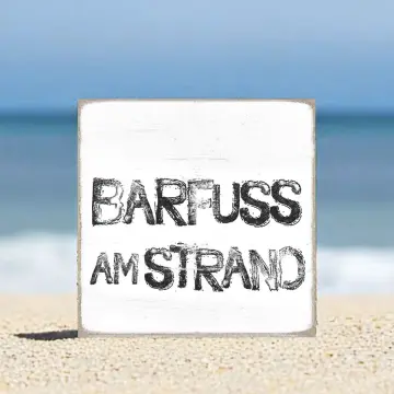 Maritimer Holzblock, Holzschild mit Spruch, Barfuß am Strand