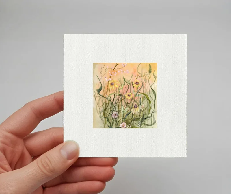 Miniatur, Kunstdruck nach handgemaltem Aquarell, Blumenwiese gelbe Blumen