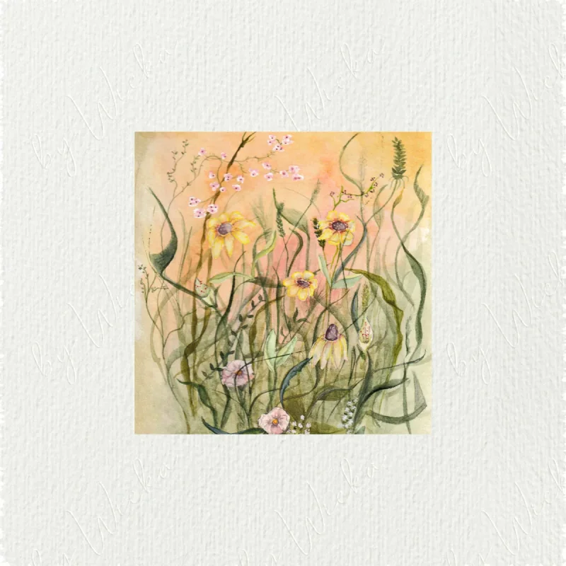 miniatur, minibild, kunstdruck nach handgemaltem aquarell blumewiese mit gelben blumen