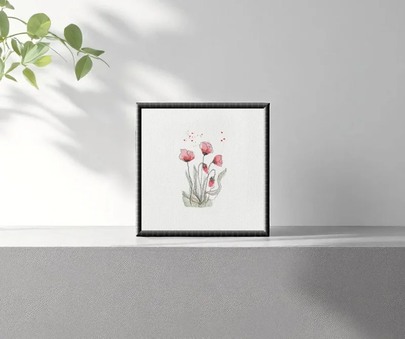 Wandbild Kunstdruck nach handgemaltem Aquarell, rote Mohnblumen als Miniatur auf Büttenpapier