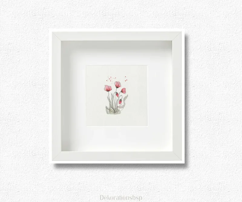 Wandbild Kunstdruck nach handgemaltem Aquarell, rote Mohnblumen als Miniatur auf Büttenpapier