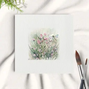Libelle auf Blumenwiese, Miniatur, Kunstdruck nach Aquarell