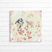 Wandbild, kleiner Vogel, Blaumeise auf Blüten, Leinwandbild im Landhausstil