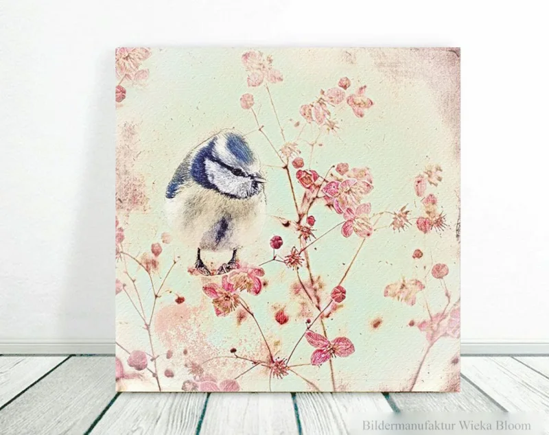 Wandbild, kleiner Vogel, Blaumeise auf Blüten, Holzdruck im Landhausstil