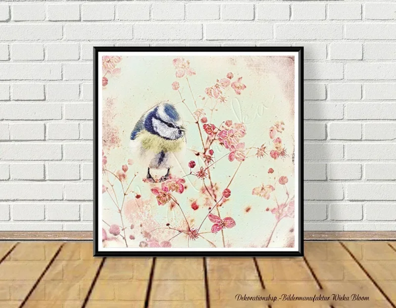 Wandbild, kleiner Vogel, Blaumeise auf Blüten, Kunstdruck im Landhausstil