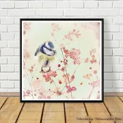 Wandbild, kleiner Vogel, Blaumeise auf Blüten, Kunstdruck im Landhausstil