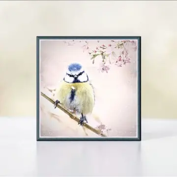 Wandbild - Blaumeise auf Kirschblüten im Shabby Landhausstil