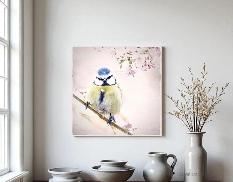 Wandbild Blaumeise Vogel im Shabby Chic Landhausstil als Leinwandbild kaufen