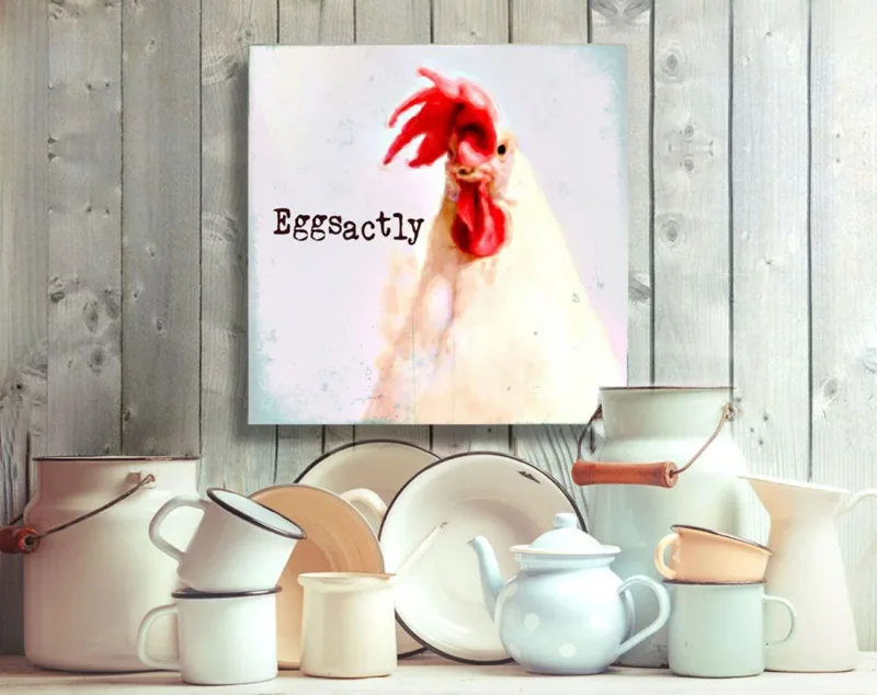 Leinwandbild, Eggsactly - Huhn, Wandbild mit humorvollem Spruch im Landhausstil