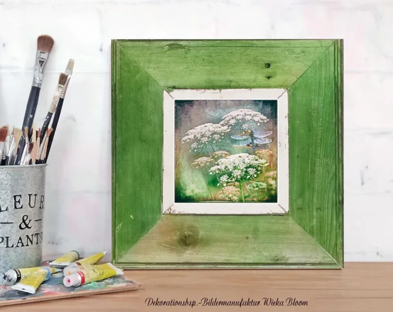 Karottenblüten mit Libelle, Wandbild als Kunstdruck im Shabby Chic, Landhausstil