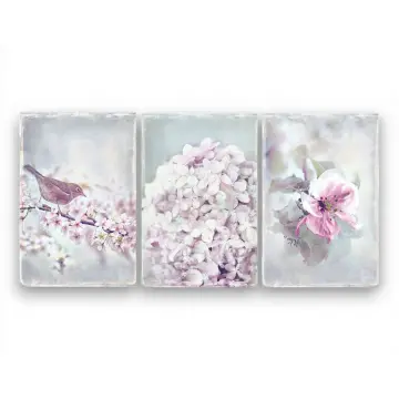 Wandbild, Set Blumen & Vogel im romantischen Shabby Chic