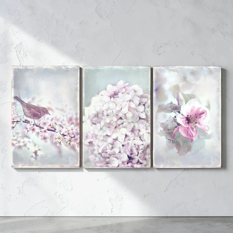leinwandbilder, Set Wandbild Blumen & Vogel im romantischen Shabby Chic, Landhausstil kaufen